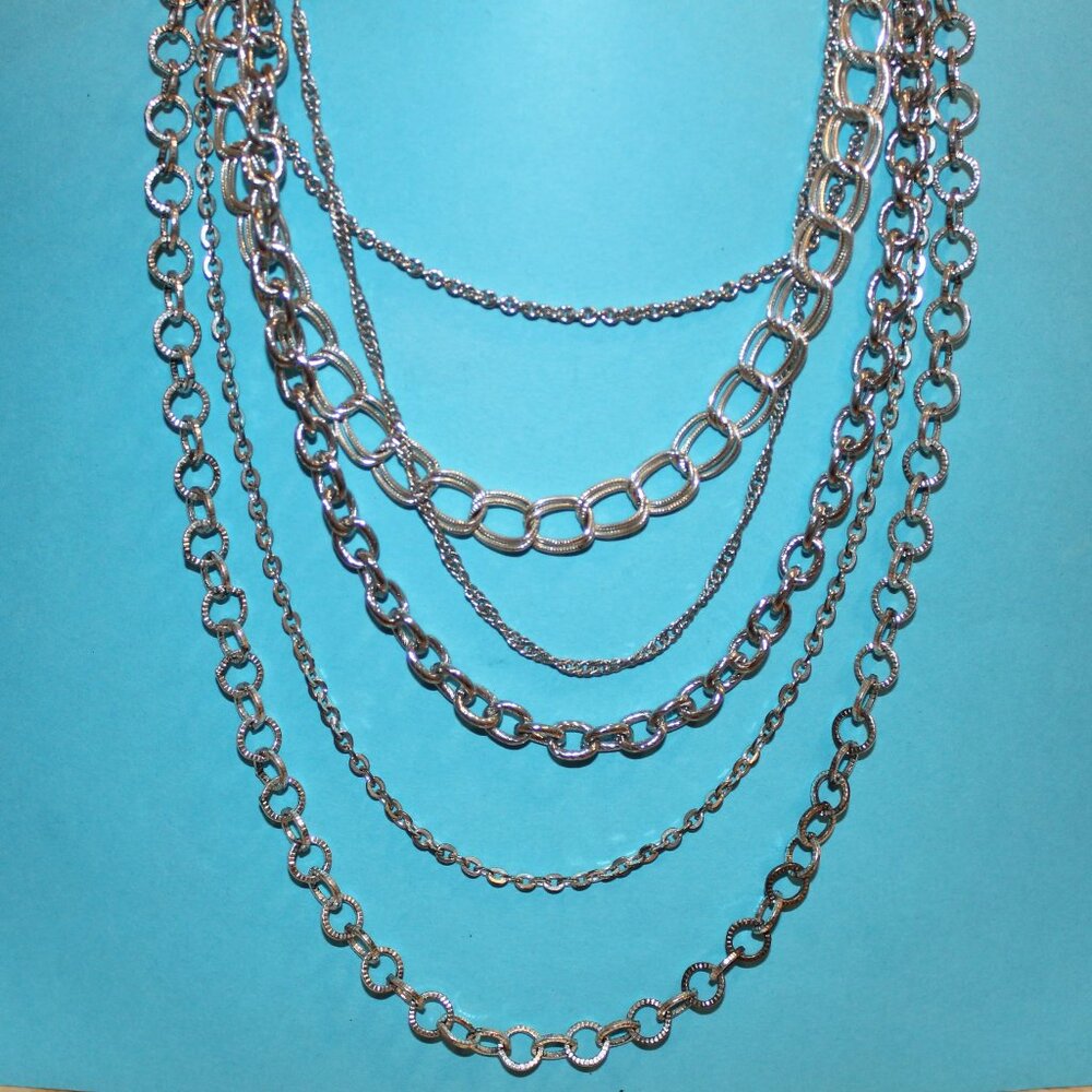 Premier Designs Chain Reaction Necklace 6 Strand Layered Silver Tone 16"